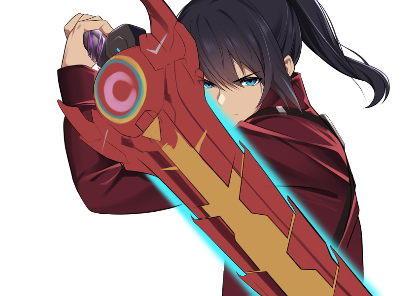 1boy arms_up black_hair blue_eyes commentary english_commentary hair_between_eyes holding holding_sword holding_weapon jacket long_hair long_sleeves looking_at_viewer male_focus namu_(112namu) noah_(xenoblade) ponytail red_jacket simple_background solo sword two-handed upper_body v-shaped_eyebrows weapon white_background xenoblade_chronicles_(series) xenoblade_chronicles_3