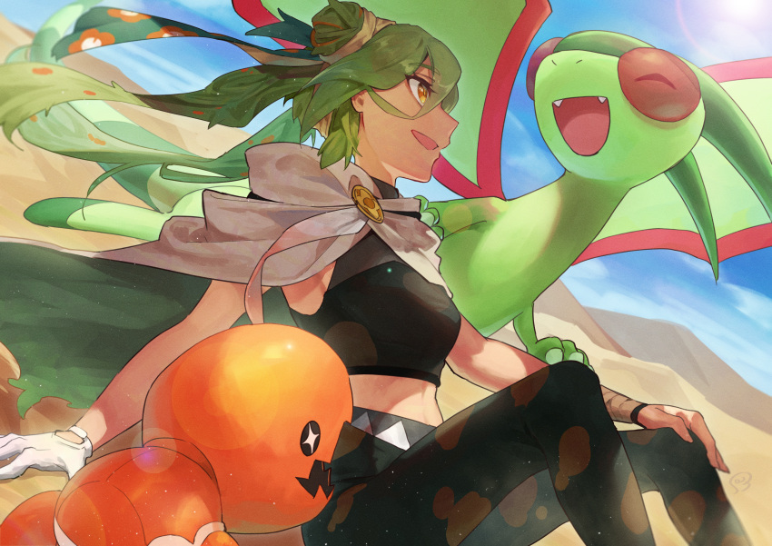 1girl absurdres blue_sky bossan_3310 cloak crop_top day double_bun flygon gloves hair_bun hatsune_miku highres long_hair midriff official_alternate_costume open_mouth outdoors pants pokemon pokemon_(creature) project_voltage single_glove sitting sky trapinch twintails vocaloid white_cloak white_gloves