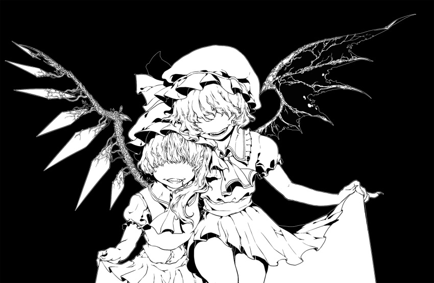 2girls ama_(mosaicowen) ascot bat_wings black_background collared_shirt cowboy_shot crystal facing_viewer flandre_scarlet frilled_shirt_collar frilled_sleeves frills greyscale hat hat_ribbon high_contrast highres medium_hair mob_cap monochrome multiple_girls no_eyes no_nose one_side_up open_mouth puffy_short_sleeves puffy_sleeves remilia_scarlet ribbon shirt short_sleeves siblings simple_background sisters skirt skirt_hold teeth touhou vest wings