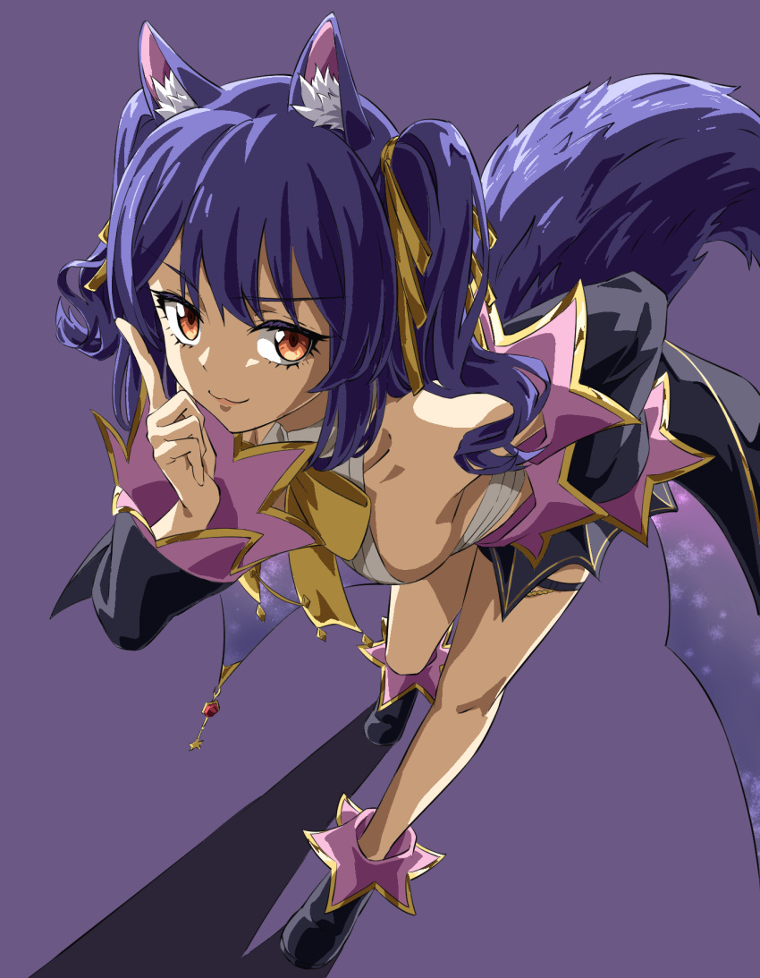 .live 1girl animal_ear_fluff animal_ears bare_shoulders black_footwear clothing_cutout detached_sleeves from_above full_body gyouza_(mhea5724) highres looking_at_viewer looking_up purple_background purple_hair ribbon rurun_rururica shadow short_hair shoulder_cutout solo standing tail virtual_youtuber wolf_ears wolf_girl wolf_tail yellow_ribbon