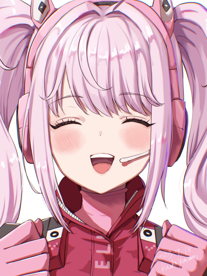 1girl alice_(nikke) animal_ear_headphones animal_ears blush bodysuit clenched_hands closed_eyes cropped_jacket fake_animal_ears gloves goddess_of_victory:_nikke headphones headset highres jacket long_hair multicolored_clothes multicolored_gloves open_mouth oyasu_(kinakoyamamori) pink_bodysuit pink_eyes pink_gloves pink_headphones red_jacket shrug_(clothing) skin_tight smile solo teeth twintails two-tone_gloves upper_teeth_only