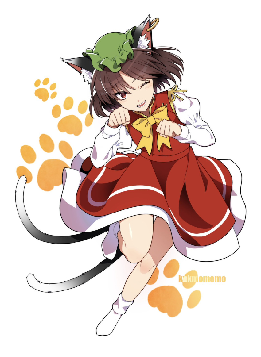 1girl animal_ear_fluff animal_ears bow bowtie brown_eyes brown_hair cat_ears cat_girl cat_tail chen dress earrings extra_tails footprints full_body green_headwear hat highres jewelry kamenozoki_momomo long_sleeves looking_at_viewer mob_cap open_mouth puffy_long_sleeves puffy_sleeves red_dress short_hair smile socks solo tail touhou white_socks yellow_bow yellow_bowtie