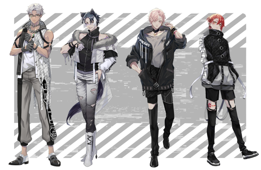 4boys :/ adjusting_clothes adjusting_gloves alternate_costume alternate_hairstyle animal_ears arm_strap arm_tattoo arurandeisu asymmetrical_sleeves barcode belt black_choker black_footwear black_gloves black_hair black_jacket black_pants black_shirt boots border bracelet chain_necklace choker closed_mouth clothing_cutout cropped_jacket cross-laced_footwear cutout_gloves ear_piercing earrings facial_mark full_body fur-trimmed_jacket fur_trim glasses gloves gradient_clothes gradient_pants green_eyes grey_background grey_hair grey_pants grey_shirt grin hair_behind_ear hair_between_eyes hair_ornament hair_over_one_eye hairclip half_gloves half_updo hanasaki_miyabi hand_in_pocket hand_on_own_hip hand_up hands_in_pockets high_collar high_heel_boots high_heels holostars hood hood_down hooded_jacket jackal_boy jackal_ears jackal_tail jacket jewelry kageyama_shien kicori lace-up_boots leg_cutout leg_tattoo loafers long_sleeves looking_at_viewer male_focus multicolored_clothes multicolored_hair multicolored_jacket multiple_boys necklace o-ring off_shoulder official_art open_clothes open_jacket outside_border padded_jacket pants parted_bangs parted_lips partially_unzipped patterned_clothing pendant_choker piercing pink_hair print_pants redhead rikka_(holostars) shirt shoes short_hair single_earring single_glove sleeveless sleeveless_jacket sleeveless_shirt sleeves_rolled_up smile sneakers standing tan tattoo toned toned_male torn_clothes torn_pants two-tone_hair two-tone_jacket uneven_sleeves v-shaped_eyebrows virtual_youtuber white_border white_footwear white_hair white_jacket white_shirt wristband yellow_eyes zipper zipper_pull_tab