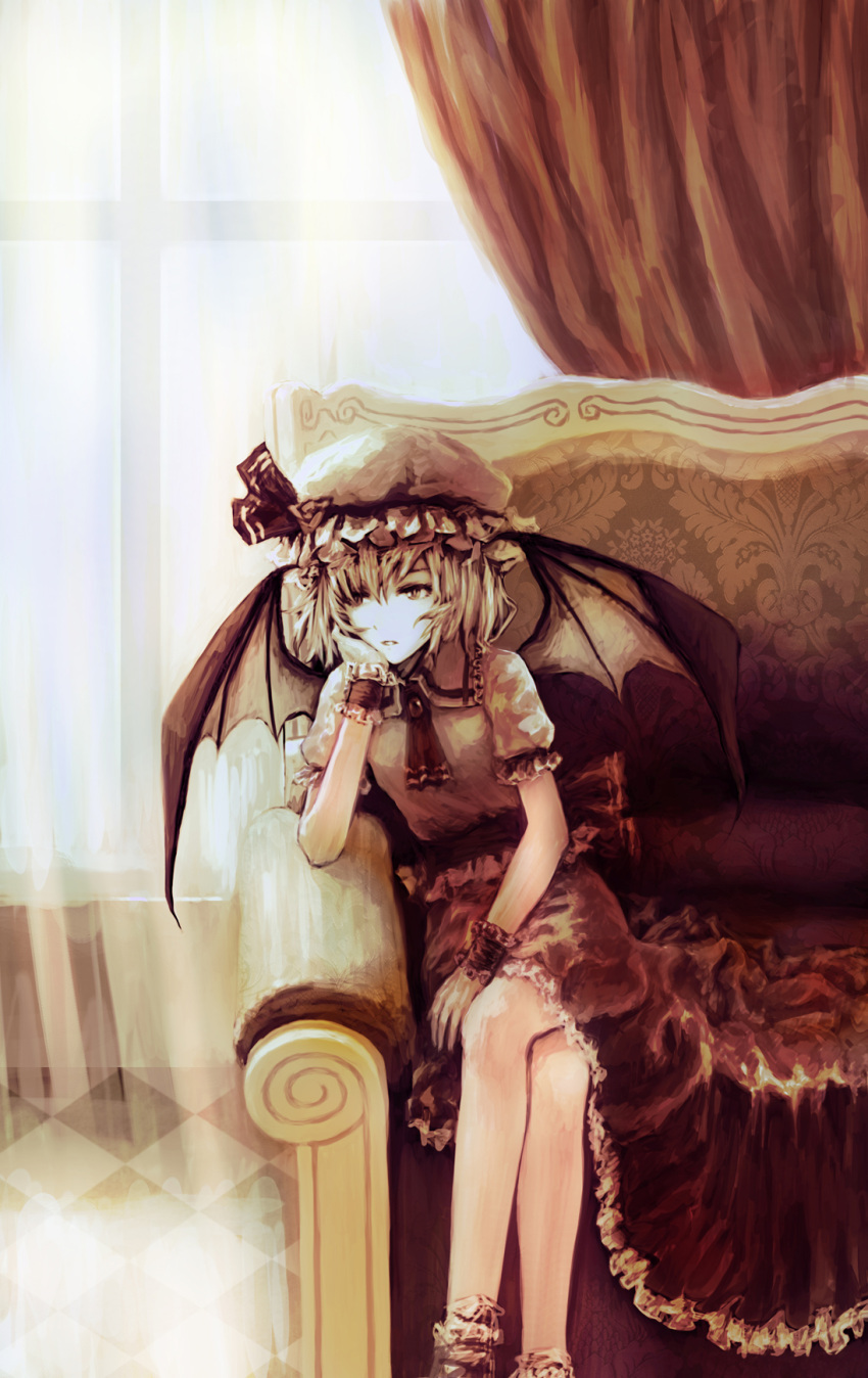 1girl ascot back_bow bat_wings bored bow brooch chair couch crossed_legs curtains dress feet_out_of_frame frilled_shirt_collar frilled_sleeves frills hair_between_eyes hand_on_own_cheek hand_on_own_face hat hat_ribbon head_rest heiyuen highres indoors jewelry medium_hair mob_cap on_couch puffy_short_sleeves puffy_sleeves remilia_scarlet ribbon short_sleeves sitting skirt sleeve_ribbon solo touhou wings wrist_cuffs