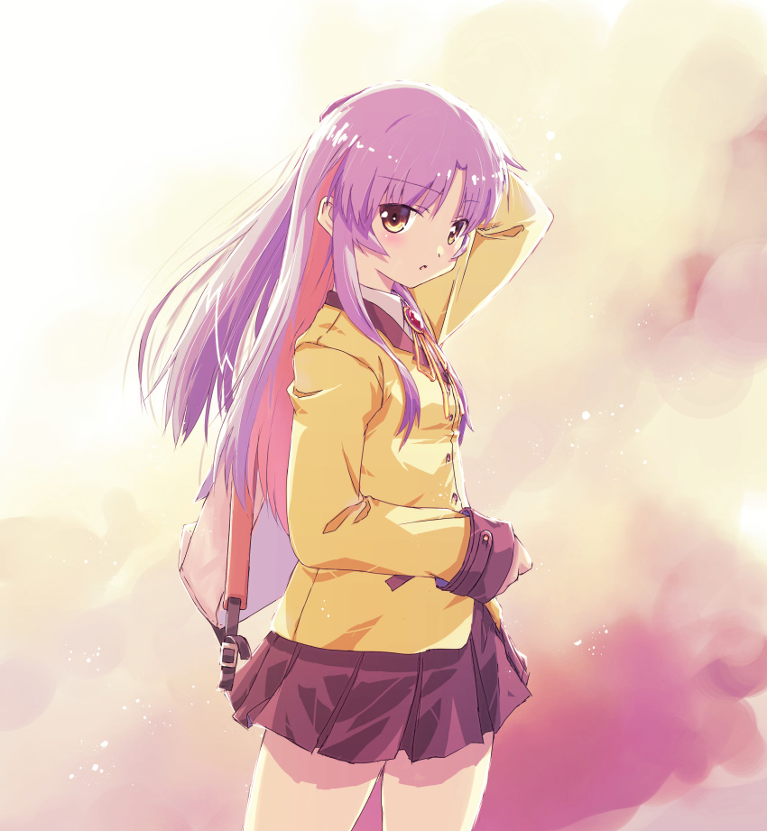 1girl absurdres akayama_yukihe angel_beats! arm_up backlighting bag black_skirt blush breasts commentary cowboy_shot eyes_visible_through_hair from_side hair_over_shoulder half_updo highres holding holding_bag jacket long_hair long_sleeves looking_at_viewer miniskirt neck_ribbon outdoors parted_bangs parted_lips pleated_skirt ribbon school_bag school_uniform short_ponytail sidelocks skirt small_breasts solo standing straight_hair sunset tachibana_kanade white_hair yellow_eyes yellow_jacket yellow_ribbon