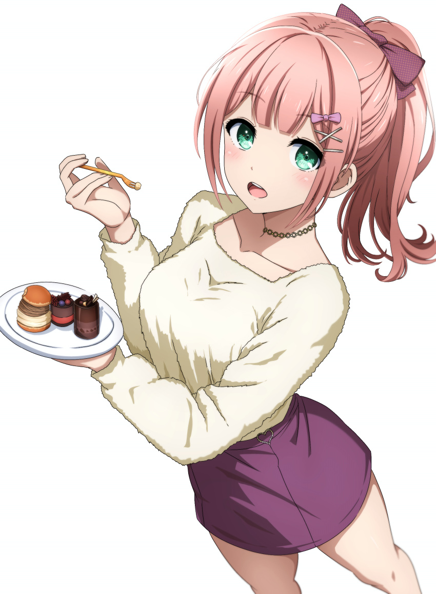 1girl absurdres bang_dream! blunt_bangs blurry blush bow breasts collarbone commentary_request cupcake depth_of_field feet_out_of_frame food food_bite fork from_above green_eyes hair_bow hair_ornament hands_up highres holding holding_fork holding_plate jewelry long_sleeves looking_at_viewer looking_up medium_breasts medium_hair miniskirt necklace noshimurin open_mouth pencil_skirt pink_hair plate polka_dot polka_dot_bow ponytail purple_bow purple_skirt shirt simple_background skirt smile solo standing teeth uehara_himari upper_teeth_only white_background white_shirt x_hair_ornament