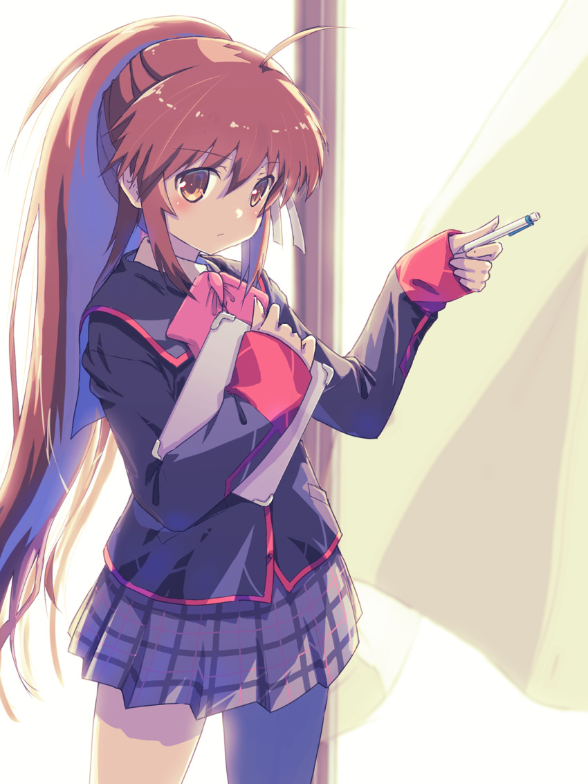 1girl ahoge akayama_yukihe backlighting black_jacket blush bow brown_eyes brown_hair closed_mouth commentary cowboy_shot day eyes_visible_through_hair frown grey_skirt hair_between_eyes hands_up highres holding holding_notepad holding_pen indoors jacket little_busters! long_hair looking_at_viewer miniskirt natsume_rin notepad pen pink_bow plaid plaid_skirt pleated_skirt ponytail school_uniform sidelocks skirt sleeves_past_wrists solo standing very_long_hair window