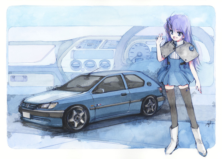 1girl black_thighhighs blue_eyes blue_hair blue_skirt boots capelet car car_interior flat_chest grey_capelet grey_footwear hi_fumiyo high-waist_skirt highres long_hair motor_vehicle original personification peugeot peugeot_306 ribbed_sweater shadow signature skirt smile solo spoiler_(automobile) sweater thigh-highs traditional_media vehicle_and_personification vehicle_focus very_long_hair white_sweater