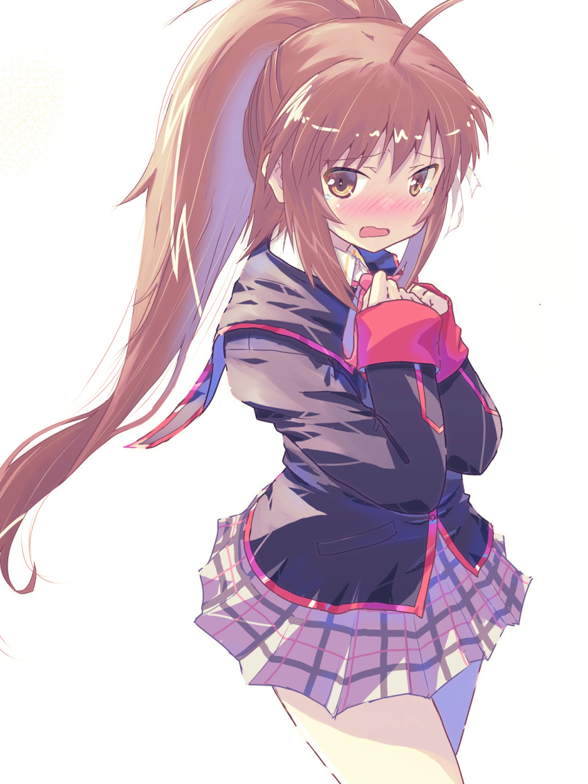 1girl ahoge akayama_yukihe black_jacket blush bow brown_eyes brown_hair commentary cowboy_shot curvy embarrassed eyes_visible_through_hair floating_hair furrowed_brow grey_skirt hair_between_eyes hair_ribbon hands_up highres jacket little_busters! long_hair looking_at_viewer miniskirt natsume_rin nose_blush open_mouth own_hands_together pink_bow plaid plaid_skirt pleated_skirt ponytail ribbon school_uniform shy sidelighting sidelocks simple_background skirt sleeves_past_wrists solo standing tears very_long_hair wavy_mouth white_background white_ribbon
