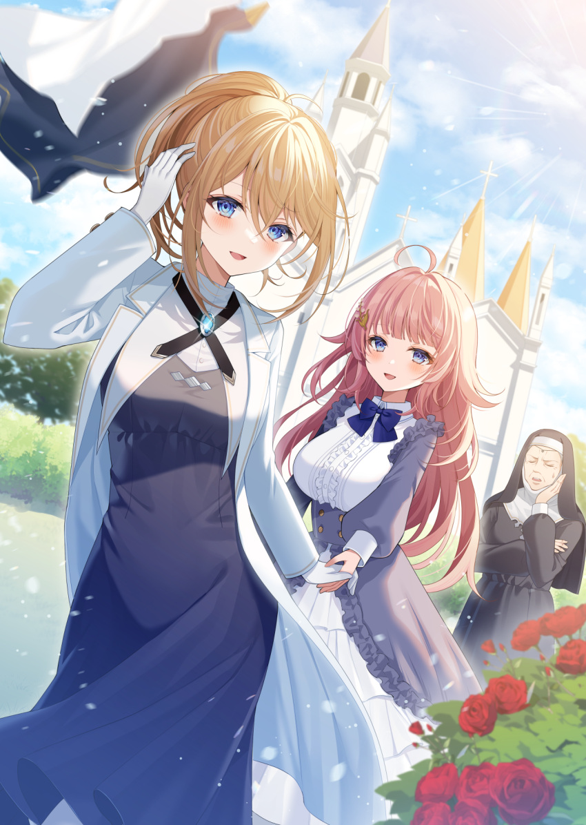 3girls :d black_dress black_skirt blonde_hair blue_eyes blue_sky blush breasts brown_hair center_frills church closed_eyes clouds cloudy_sky commentary_request commission copyright_request cross day dress flower frills gloves habit highres holding_hands jacket large_breasts latin_cross long_hair long_sleeves multiple_girls myusha nun open_clothes open_jacket outdoors ponytail puffy_long_sleeves puffy_sleeves red_flower red_rose rose rose_bush shirt skirt sky small_breasts smile tower very_long_hair white_gloves white_jacket white_shirt white_skirt
