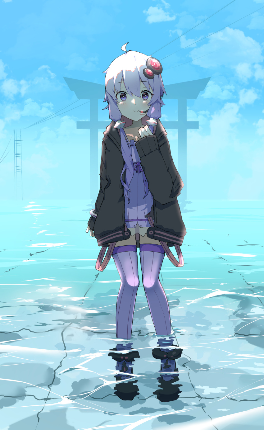 1girl absurdres ahoge anklet black_footwear black_hoodie blue_sky blush bracelet bright_pupils closed_mouth clouds commentary day dress empire_waist hair_ornament hand_up highres hood hood_down hoodie jewelry looking_at_viewer open_clothes open_hoodie outdoors power_lines purple_dress purple_hair purple_thighhighs refraction ribbed_dress ribbed_thighhighs shallow_water shoes short_dress short_hair_with_long_locks skindentation sky sleeves_past_wrists smile solo split_mouth standing straight-on thigh-highs tile_floor tiles torii violet_eyes vocaloid voiceroid wading water water_world white_pupils yakiniku-joan. yuzuki_yukari zettai_ryouiki