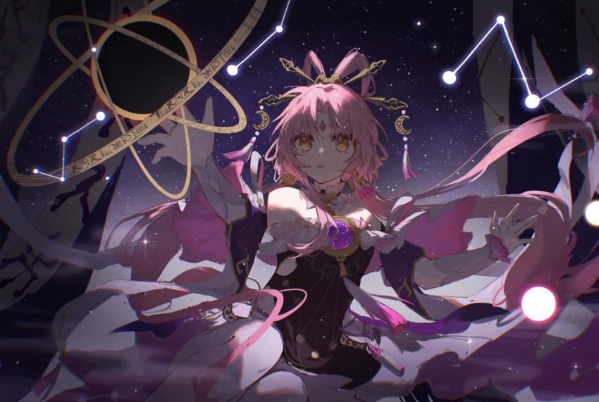 1girl commentary constellation_print crescent detached_sleeves dress eiki- forehead_jewel fu_xuan_(honkai:_star_rail) hair_ornament hair_rings hair_stick hand_up honkai:_star_rail honkai_(series) long_hair long_sleeves low_twintails multicolored_clothes multicolored_dress parted_lips pink_gemstone pink_hair pink_ribbon ribbon space tassel twintails very_long_hair yellow_eyes