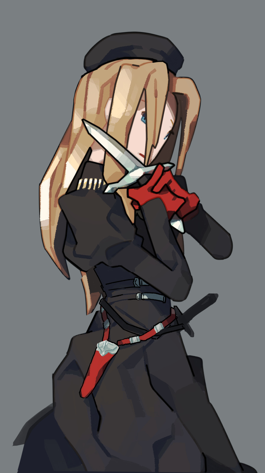 1girl black_dress black_headwear blue_eyes brown_hair catiua_powell dagger dress from_side gloves grey_background hat highres holding holding_weapon holster knife orzottt red_gloves solo tactics_ogre weapon