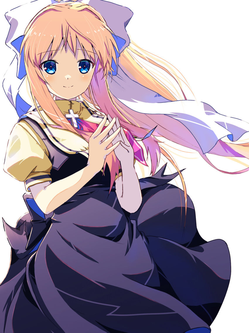 1girl air_(visual_novel) akayama_yukihe backlighting black_dress blonde_hair blue_eyes blush bow closed_mouth commentary cross_ornament dress eyelashes floating_clothes floating_hair hair_between_eyes hair_bow hair_intakes hands_up highres kamio_misuzu long_hair looking_at_viewer necktie own_hands_together ponytail puffy_short_sleeves puffy_sleeves red_necktie school_uniform shirt short_sleeves sidelocks simple_background smile solo steepled_fingers very_long_hair white_background white_bow yellow_shirt