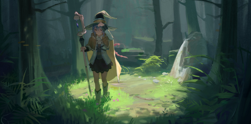 1girl absurdres adjusting_clothes adjusting_headwear black_skirt blue_eyes blue_hair braid brown_cape cape crossed_bangs day english_commentary flower forest full_body grass hair_between_eyes hat highres holding holding_staff long_hair long_sleeves looking_at_viewer mage_staff multicolored_hair mushoku_tensei nature outdoors purple_flower redhead rock roxy_migurdia skirt solo staff sunlight toxic_(toxicv) tree twin_braids very_long_hair white_footwear
