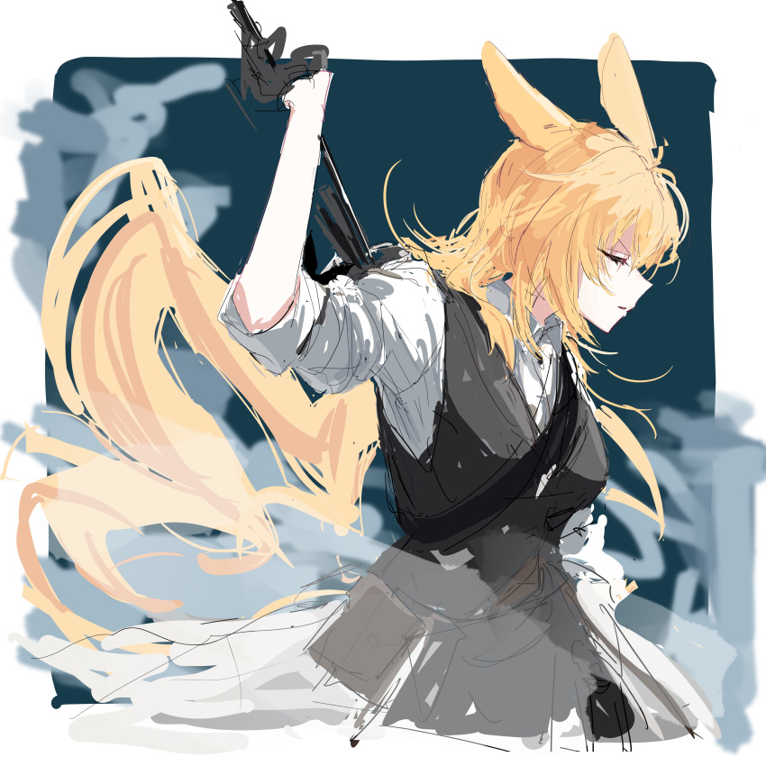 1girl absurdres animal_ears arknights arm_up black_gloves black_vest blonde_hair closed_eyes collared_shirt cropped_torso floating_hair gloves highres kroos_(arknights) kroos_the_keen_glint_(arknights) long_hair parted_lips shirt short_sleeves sketch solo upper_body very_long_hair vest w4_avn white_shirt