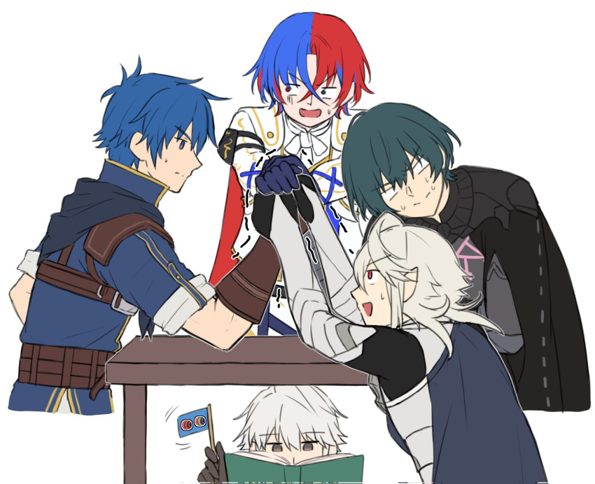 5boys alear_(fire_emblem) alear_(male)_(fire_emblem) arm_wrestling blue_hair book byleth_(fire_emblem) cape commentary_request corrin_(fire_emblem) corrin_(male)_(fire_emblem) fire_emblem fire_emblem:_mystery_of_the_emblem fire_emblem:_three_houses fire_emblem_engage fire_emblem_heroes flag gloves grey_hair hand_on_table highres holding kris_(fire_emblem) long_sleeves multicolored_hair multiple_boys open_mouth pointy_ears red_eyes redhead robin_(fire_emblem) robin_(male)_(fire_emblem) short_hair short_sleeves simple_background struggling sweat sweatdrop table trembling white_background white_hair zuzu_(ywpd8853)