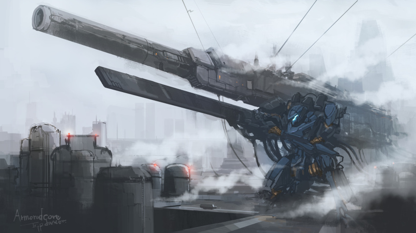 1boy aiming armored_core armored_core_6 artist_name copyright_name full_body glowing highres huge_weapon kneeling mecha mecha_focus no_humans outdoors robot science_fiction smoke solo steel_haze tripdancer v.iv_rusty weapon