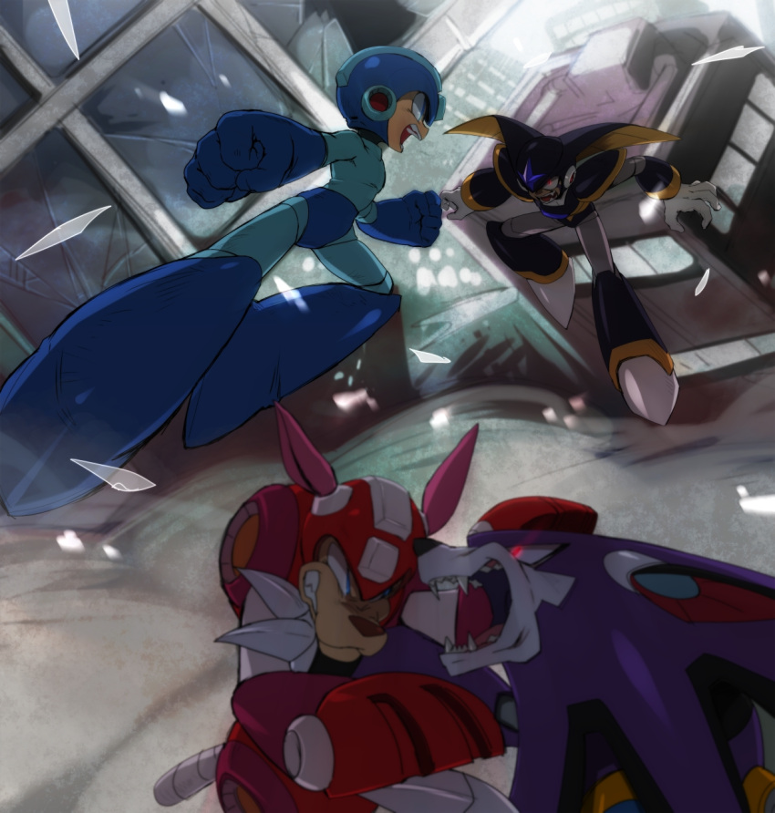 2boys bass_(mega_man) battle blue_eyes clenched_hands commentary_request fangs helmet highres male_focus mega_man_(character) mega_man_(classic) mega_man_(series) multiple_boys non-humanoid_robot red_eyes robot robot_animal rush_(mega_man) sharp_teeth teeth treble_(mega_man) yuriyuri_(ccc)