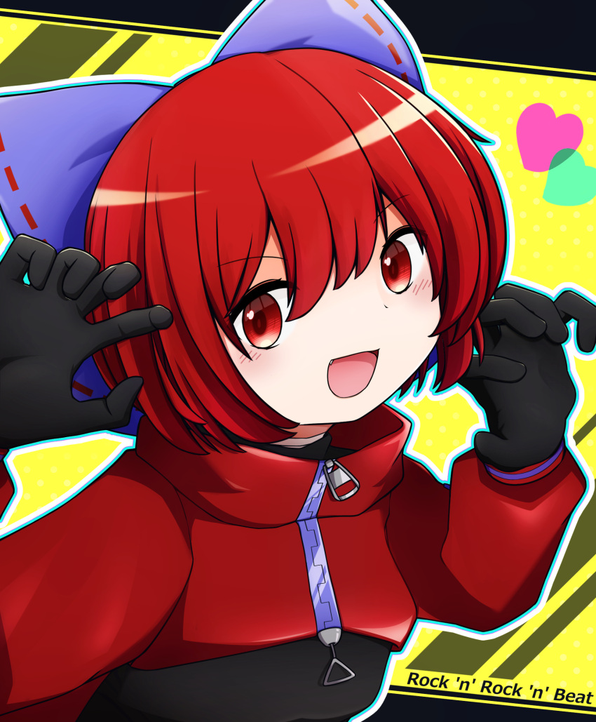 1girl adapted_costume black_bodysuit bodysuit cape catsuit cloak highres long_sleeves open_mouth red_cape red_cloak red_eyes redhead ribbon-trimmed_bow rock_'n'_rock_'n'_beat sekibanki short_hair skin_tight solo tet_rps_hiatr touhou upper_body yellow_background zipper