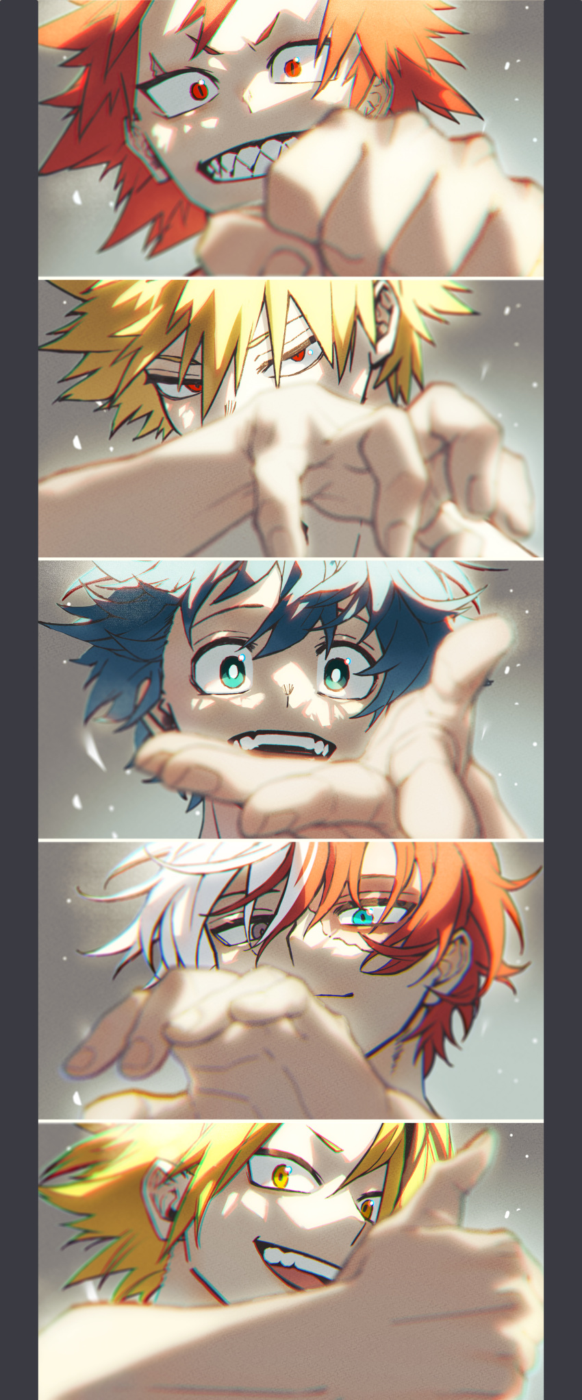 5boys absurdres alternate_hair_color aqua_eyes bakugou_katsuki black_hair blonde_hair blue_eyes blue_hair blurry blurry_foreground boku_no_hero_academia bright_pupils burn_scar cel_shading check_commentary chromatic_aberration clenched_hand closed_mouth commentary_request covered_mouth depth_of_field film_grain fingernails floating_hair freckles grey_background grey_eyes grin hair_between_eyes hand_up happy head_tilt heterochromia highres kaminari_denki kawaharaaisu kirishima_eijirou light looking_at_viewer looking_to_the_side male_focus midoriya_izuku multicolored_hair multiple_boys open_hand open_mouth partial_commentary pillarboxed portrait reaching reaching_towards_viewer red_eyes redhead sanpaku scar scar_across_eye scar_on_face sharp_teeth short_eyebrows short_hair slit_pupils smile spiky_hair split-color_hair split_screen streaked_hair teeth thumbs_up todoroki_shouto two-tone_hair upper_teeth_only v-shaped_eyebrows white_hair white_pupils yellow_eyes