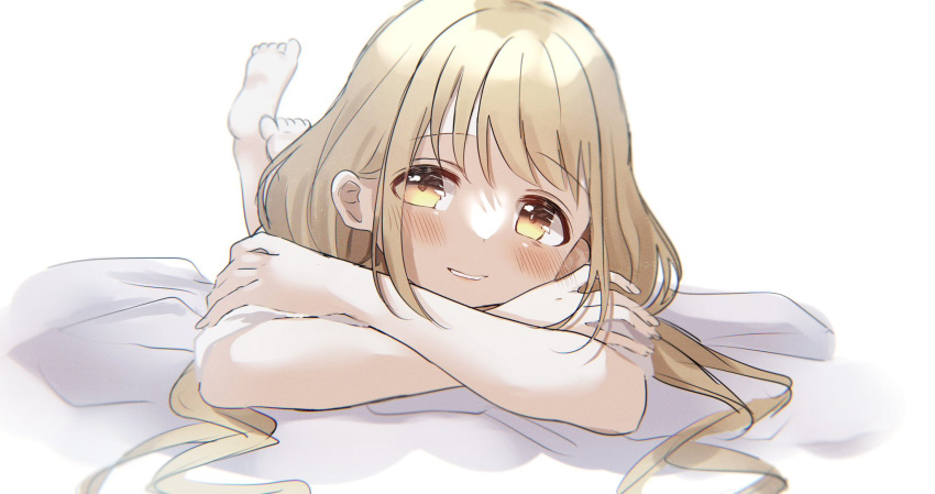 1girl barefoot blonde_hair blush commentary_request crossed_arms feet_up futaba_anzu highres idolmaster idolmaster_cinderella_girls long_hair looking_at_viewer lying natu_28_natu on_stomach parted_lips sketch smile solo twintails white_background yellow_eyes
