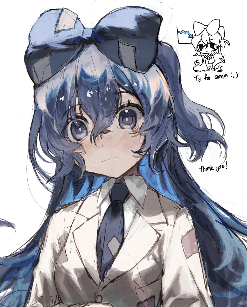 1girl adapted_costume blue_bow blue_eyes blue_hair blue_necktie bow commeowdore debt hair_between_eyes hair_bow highres long_hair looking_at_viewer necktie simple_background solo touhou very_long_hair white_background yorigami_shion