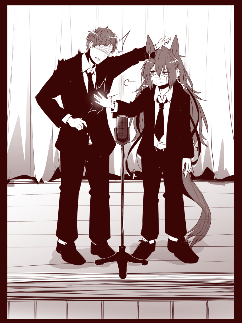 1boy 1girl ^^^ animal_ears black_border border commentary dress_shoes ear_bow hair_between_eyes highres horse_ears horse_girl horse_tail ikezoe_ken'ichi jacket long_hair manzai mask messy_hair microphone microphone_stand mouth_mask necktie netkeibatv open_clothes open_jacket orfevre_(umamusume) pants scene_reference sepia shaded_face short_hair sideways_glance slapping stage stage_curtains suit tail trembling umamusume visible_air yonedatomo_mizu