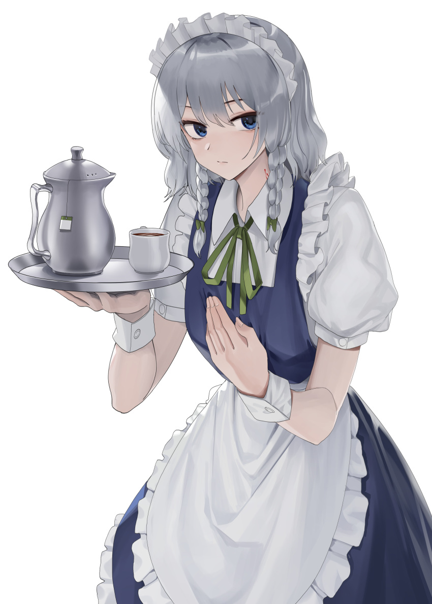 1girl absurdres apron biting blue_dress blue_eyes braided_sidelock breasts cup dress frilled_apron frills goback grey_hair highres holding holding_tray izayoi_sakuya looking_at_viewer maid maid_headdress medium_breasts neck_biting pinafore_dress puffy_short_sleeves puffy_sleeves shirt short_sleeves simple_background sleeveless sleeveless_dress solo teacup teapot touhou tray waist_apron white_apron white_shirt wrist_cuffs