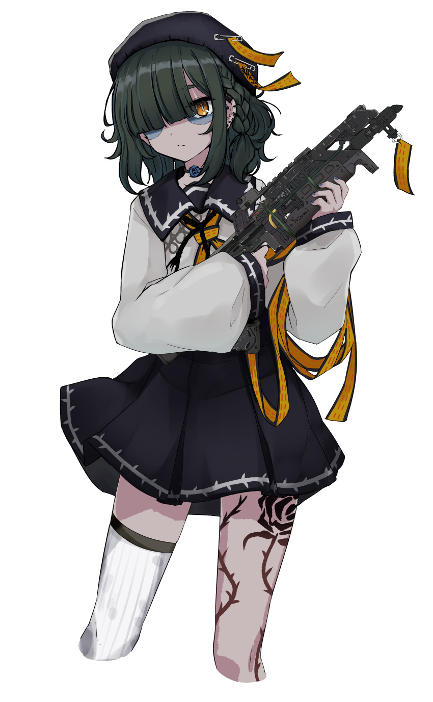 1girl absurdres bags_under_eyes beret black_headwear black_sailor_collar black_skirt blue_flower blue_rose braid closed_mouth colored_skin commentary_request cropped_legs earrings flower green_hair grey_skin gun hands_up hat highres holding holding_gun holding_weapon indie_virtual_youtuber jewelry jiangshi kasa_kasa_(enkasa) leg_tattoo long_sleeves looking_at_viewer neckerchief official_alternate_costume one_eye_covered pleated_skirt puffy_long_sleeves puffy_sleeves rose sailor_collar school_uniform serafuku shirt side_braid simple_background single_thighhigh skirt solo standing tattoo thigh-highs transparent_background virtual_youtuber weapon white_shirt white_thighhighs yellow_eyes yellow_neckerchief yosumi_(vtuber)
