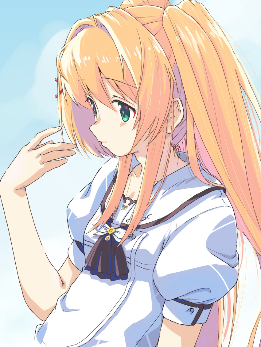 1girl akayama_yukihe ascot black_ascot blonde_hair blue_background closed_mouth commentary eyelashes green_eyes hair_between_eyes hair_intakes hair_ornament hand_up highres light_smile long_hair looking_at_hand nose profile puffy_short_sleeves puffy_sleeves sailor_collar school_uniform shirt short_sleeves sidelocks simple_background solo straight_hair summer_pockets tsumugi_wenders twintails upper_body very_long_hair white_sailor_collar white_shirt x_hair_ornament
