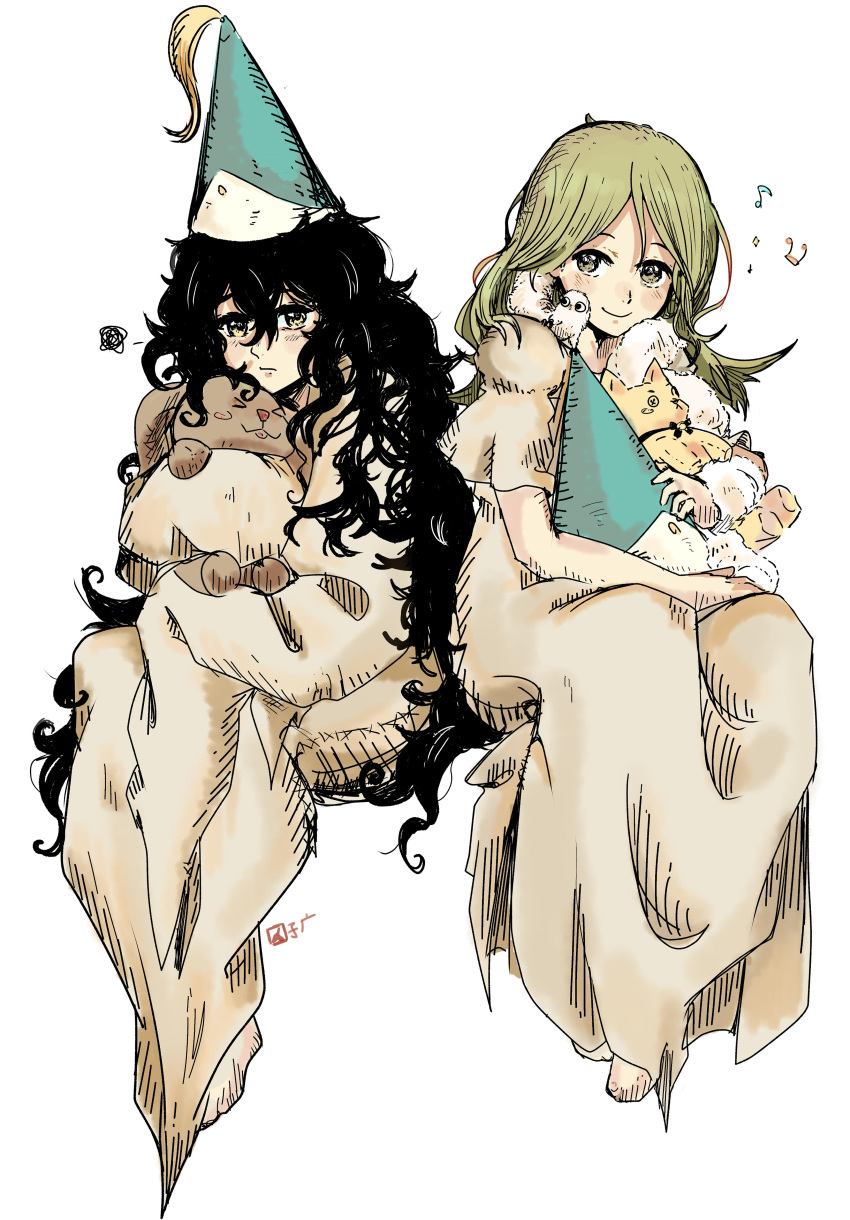 2girls absurdres agate_(tongari_boushi_no_atelier) alternate_hair_length alternate_hairstyle black_hair blue_headwear brushbug closed_mouth coco_(tongari_boushi_no_atelier) commentary curly_hair english_commentary full_body green_eyes green_hair hat headwear_removed highres holding holding_stuffed_toy kojika_(kojikaaaaaa) long_hair looking_at_viewer messy_hair multiple_girls musical_note pointy_hat qifrey's_atelier_apprentice_uniform robe sitting sleeves_past_fingers sleeves_past_wrists smile stuffed_animal stuffed_cat stuffed_toy tassel_hat_ornament tongari_boushi_no_atelier very_long_hair white_background wizard_hat yellow_eyes