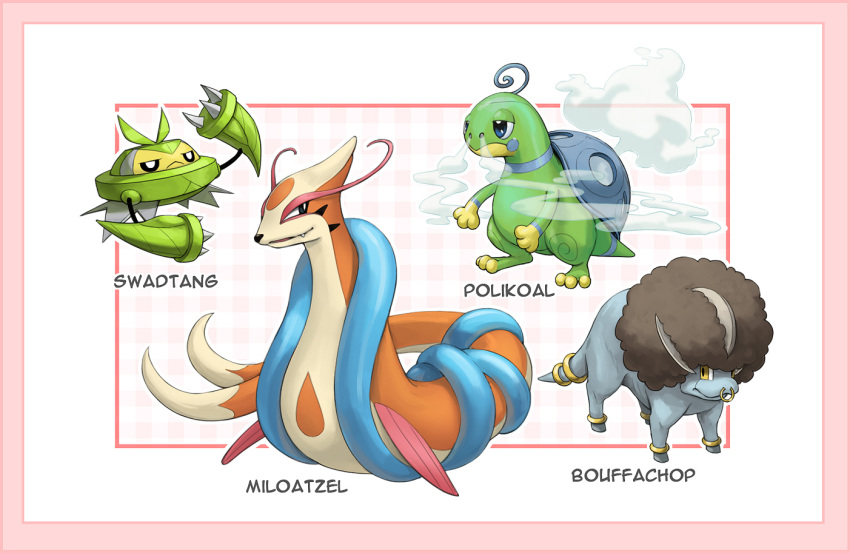 :&lt; black_eyes border bouffalant bright_pupils claws closed_mouth commentary fang fang_out floatzel fusion kazuko_(towa) machop metang milotic pokemon police smoke standing swadloon torkoal white_pupils