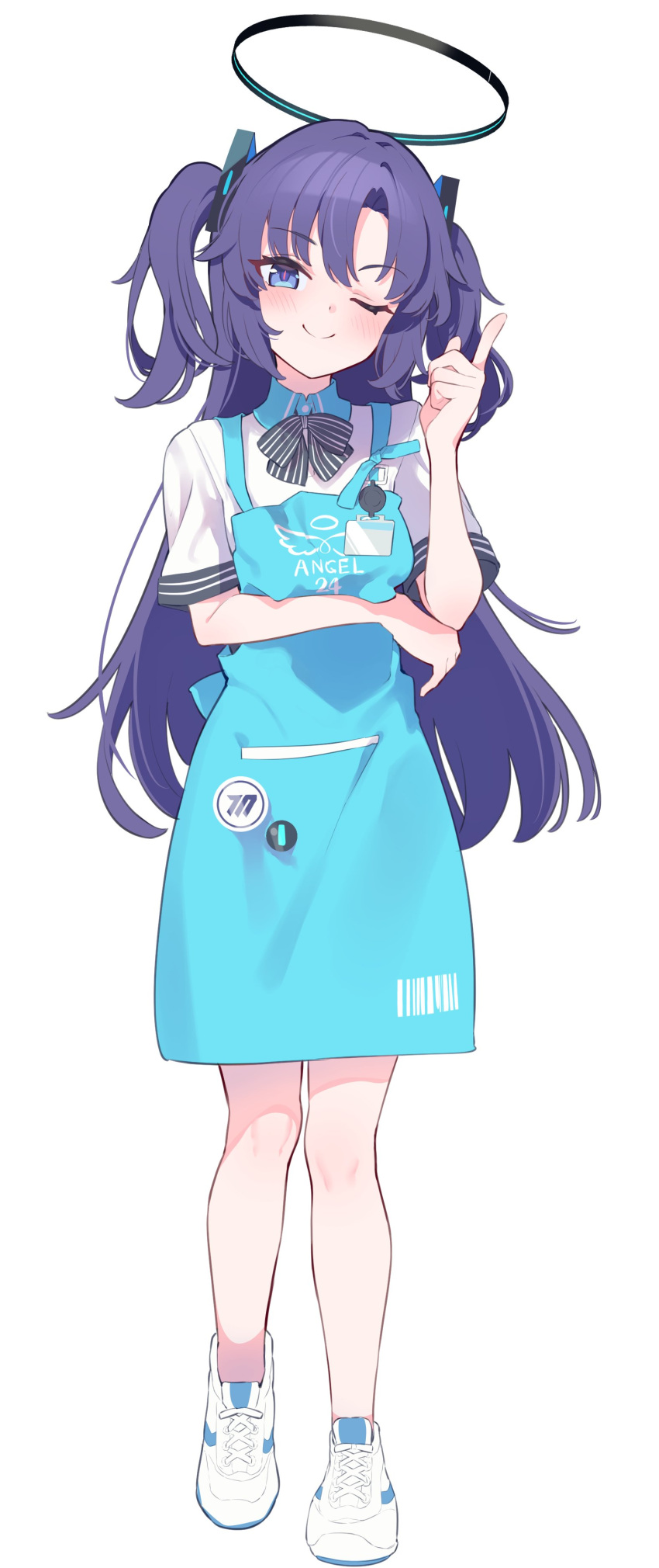 1girl absurdres apron aqua_apron blue_archive blush bow bowtie closed_mouth collared_shirt full_body halo highres id_card long_hair mechanical_halo one_eye_closed parted_bangs pointing pointing_up purple_hair red_pupils shirt shoes short_sleeves sidelocks smile sneakers solo standing striped striped_bow sutora_binsuke triangle_hair_ornament two_side_up violet_eyes white_footwear white_shirt yuuka_(blue_archive)