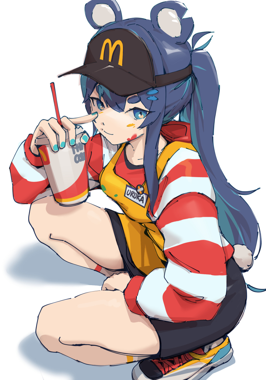 animal_ears apron arm_up bear_ears black_skirt blue_eyes blue_hair blue_nails chachironi3 cup drinking_straw employee_uniform facepaint fast_food_uniform finger_on_nose fujikura_uruka highres holding holding_cup mcdonald's name_tag phase_connect shoes skirt sneakers squatting striped striped_sweater sweater uniform yellow_apron