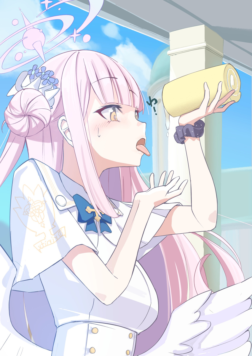absurdres blue_archive blush bow bowtie cake dress e-wing_(ewingillustrate) eating food halo highres long_hair low_wings mika_(blue_archive) pink_hair pink_halo swiss_roll white_dress white_wings wings yellow_eyes