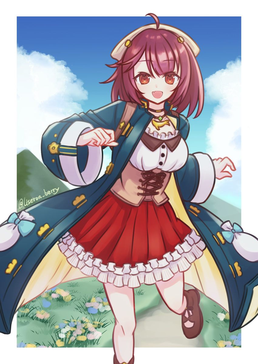 1girl :d ahoge atelier_(series) atelier_sophie blue_coat blue_sky border breasts brown_footwear clouds coat commentary_request corset day fang frilled_skirt frills grass head_scarf highres jewelry lise_imo long_sleeves looking_at_viewer medium_breasts necklace open_mouth orange_eyes outdoors pleated_skirt red_skirt redhead shirt shoes short_hair skirt sky smile solo sophie_neuenmuller standing standing_on_one_leg twitter_username white_border white_shirt wide_sleeves