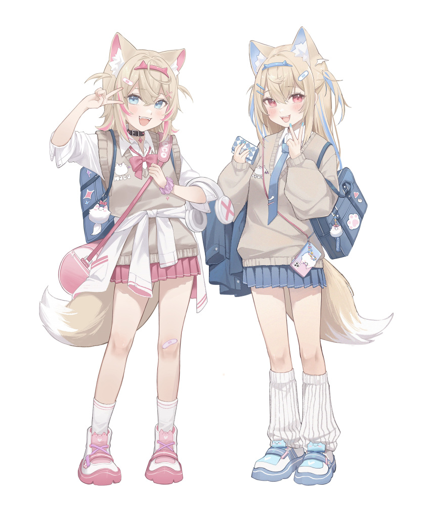 2girls :d absurdres animal_ear_fluff animal_ears bag blonde_hair blue_eyes blue_hair blue_jacket blue_nails blue_necktie blue_skirt brown_sweater cellphone dog_ears dog_girl dog_tail double-parted_bangs fang full_body fuwawa_abyssgard hair_between_eyes hair_ornament hairclip head_wings headband highres holding holding_wallet hololive hololive_english jacket long_hair looking_at_viewer midori_xu mococo_abyssgard multicolored_hair multiple_girls necktie open_mouth paw_print perroccino_(fuwamoco) phone pink_hair pleated_skirt red_eyes school_bag school_uniform shoes short_twintails shoulder_bag siblings sidelocks simple_background sisters skirt smartphone smile sneakers socks spiked_headband standing streaked_hair sweater tail tie_clip twins twintails two-tone_hair v virtual_youtuber wallet white_background white_socks wings