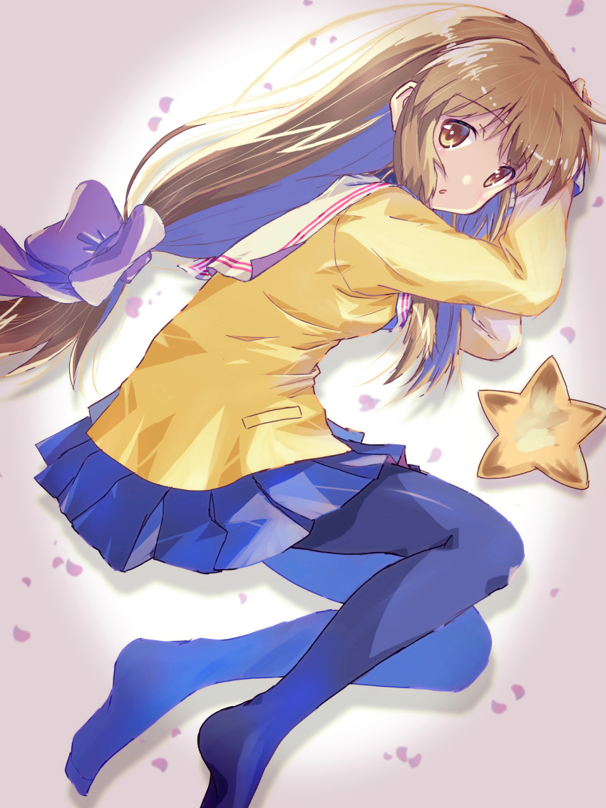 1girl akayama_yukihe arm_support arms_up black_pantyhose blue_skirt bow brown_eyes clannad commentary drop_shadow eyes_visible_through_hair feet grey_background hair_between_eyes highres hikarizaka_private_high_school_uniform ibuki_fuuko jacket light_blush light_brown_hair long_hair long_sleeves looking_at_viewer low-tied_long_hair lying miniskirt no_shoes on_side pantyhose parted_lips pleated_skirt purple_bow sailor_collar school_uniform sidelocks simple_background skirt soles solo starfish very_long_hair white_sailor_collar yellow_jacket
