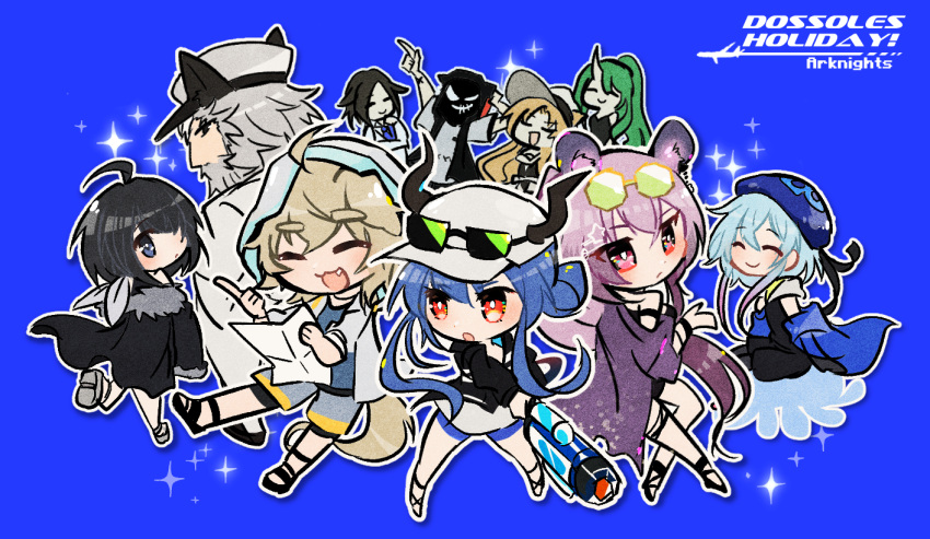 1other 3boys 6+girls :o animal_ears arknights baseball_cap beard beret black_choker black_hair black_mask black_shirt blonde_hair blue_background blue_eyes blue_hair blue_headwear blue_jacket blue_shirt candela_sanchez_(arknights) cat_ears cat_girl ch'en_(arknights) ch'en_the_holungday_(arknights) chibi choker closed_eyes coat commentary copyright_name d.d.d._(arknights) dog_boy dog_ears dragon_girl dragon_horns drop_shadow english_commentary english_text eyewear_on_head facial_hair full_body fur-trimmed_jacket fur_trim gradient_hair green-tinted_eyewear green_hair grey_hair grey_shorts hair_bun hair_over_one_eye hat holding holding_paper hood hood_up hooded_jacket horns hoshiguma_(arknights) jacket jellyfish la_pluma_(arknights) light_blue_hair lin_(arknights) looking_to_the_side mask mizuki_(arknights) mouse_ears multicolored_hair multiple_boys multiple_girls off_shoulder oonohara_kenya outline pancho_salas_(arknights) paper parted_bangs pointing pointing_up ponytail purple_hair red_eyes sandals shirt short_hair shorts sidelocks simple_background single_horn smile sparkle star_(symbol) sun_hat sunglasses swimsuit_cover-up swire_(arknights) tequila_(arknights) tinted_eyewear upper_body white_coat white_headwear white_jacket