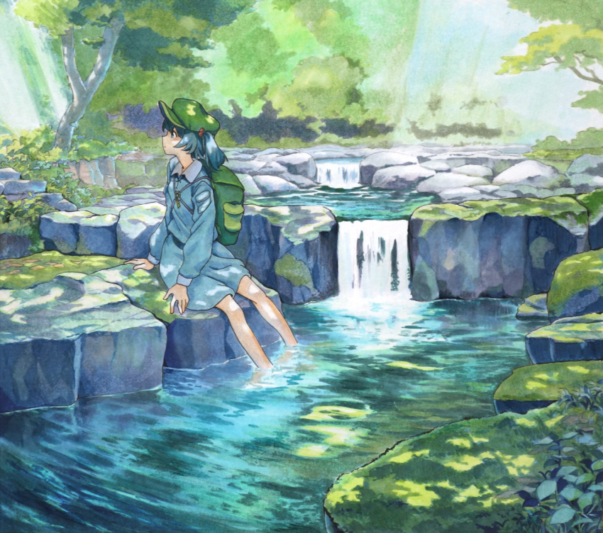 1girl backpack bag bare_legs barefoot blue_dress blue_eyes blue_hair blush closed_mouth commentary_request dappled_sunlight day dress forest green_bag green_headwear hair_bobbles hair_ornament hat highres kawashiro_nitori key long_hair long_sleeves looking_to_the_side marker_(medium) moss nature outdoors profile puffy_long_sleeves puffy_sleeves river rock scenery shiratama_(hockey) sitting smile soaking_feet solo stream sunlight touhou traditional_media tree twintails twisted_torso two_side_up water waterfall