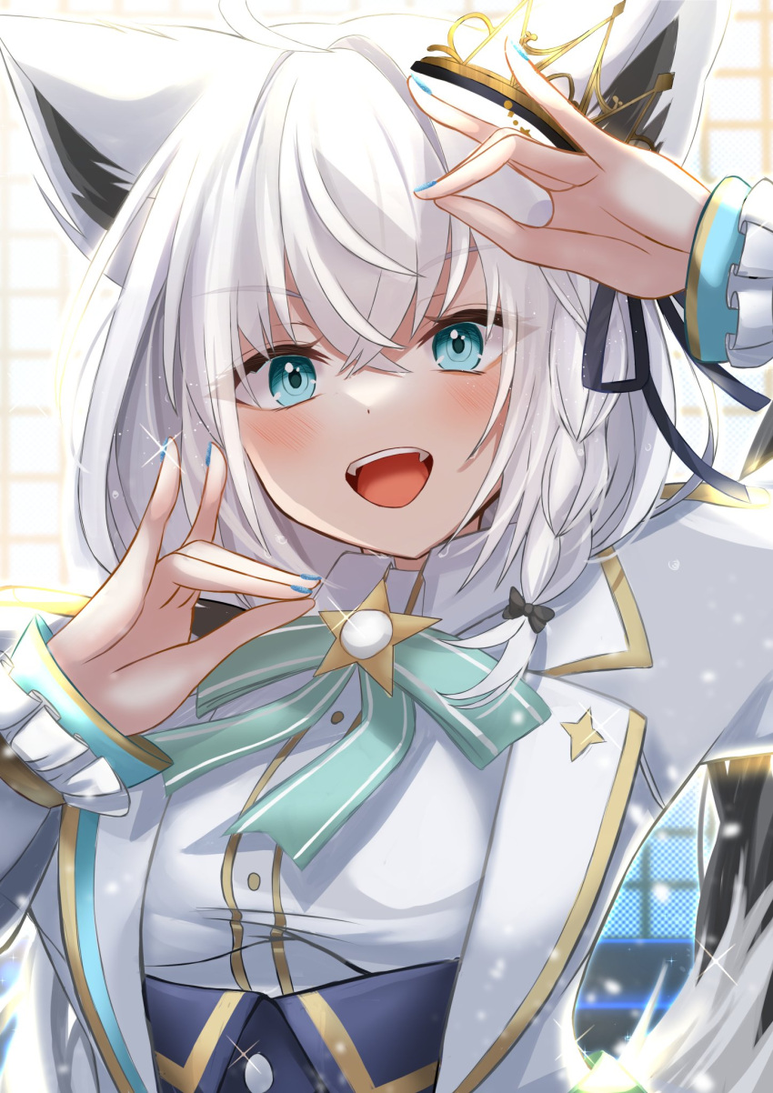 1girl ahoge animal_ear_fluff animal_ears blue_nails blush braid commentary_request double_fox_shadow_puppet earrings fox_ears fox_girl fox_shadow_puppet fox_tail green_eyes hair_between_eyes highres hololive hololive_idol_uniform_(bright) jewelry long_hair looking_at_viewer mikazuki_cocolo open_mouth shirakami_fubuki sidelocks single_braid solo tail virtual_youtuber white_hair
