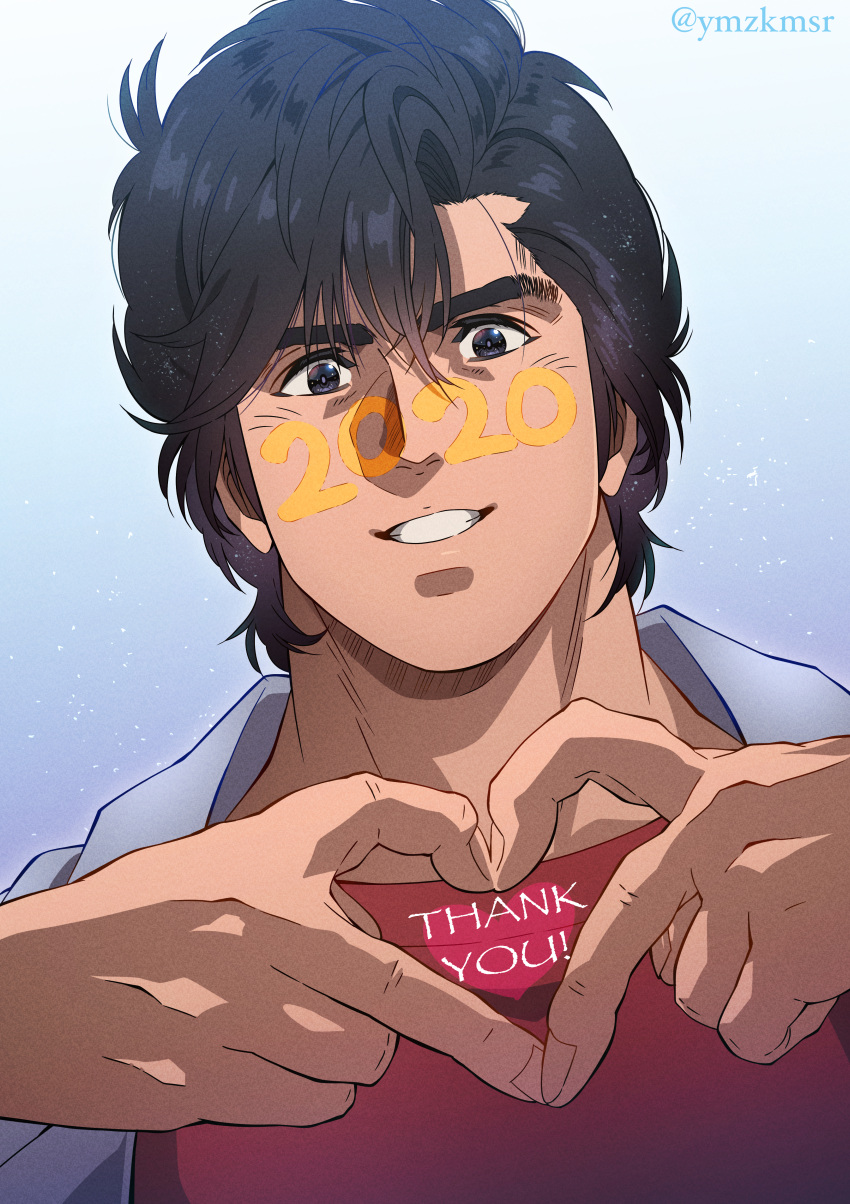 1boy 2020 absurdres black_eyes black_hair blue_jacket body_writing city_hunter english_text fingernails from_below gradient_background grin hair_between_eyes heart heart_hands highres jacket looking_at_viewer male_focus red_shirt saeba_ryou shirt short_hair smile solo thank_you twitter_username upper_body yuu_(masarunomori)