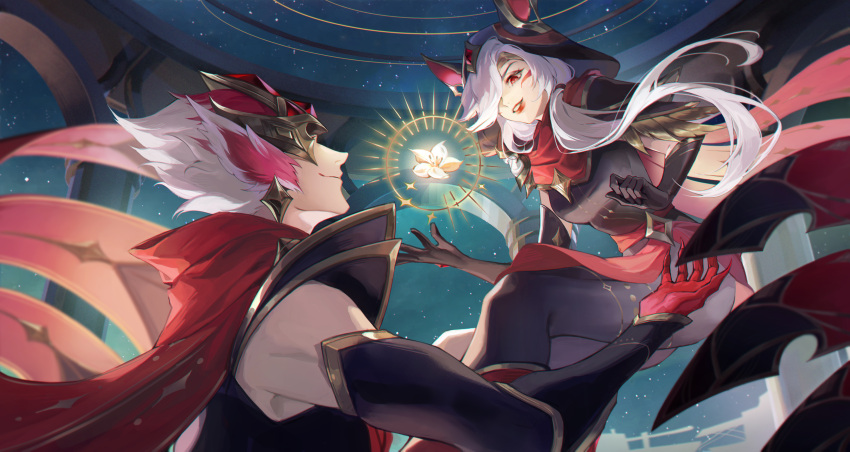 1boy 1girl absurdres arcana_rakan arcana_xayah asami_okutoshioku black_gloves closed_mouth commentary elbow_gloves facial_mark floating flower gloves hair_between_eyes hair_over_one_eye highres hood hoodie league_of_legends long_hair looking_at_another looking_at_viewer night night_sky official_alternate_costume official_alternate_hairstyle outdoors parted_lips rakan_(league_of_legends) red_eyes short_hair sky smile star_(sky) starry_sky whisker_markings white_hair xayah