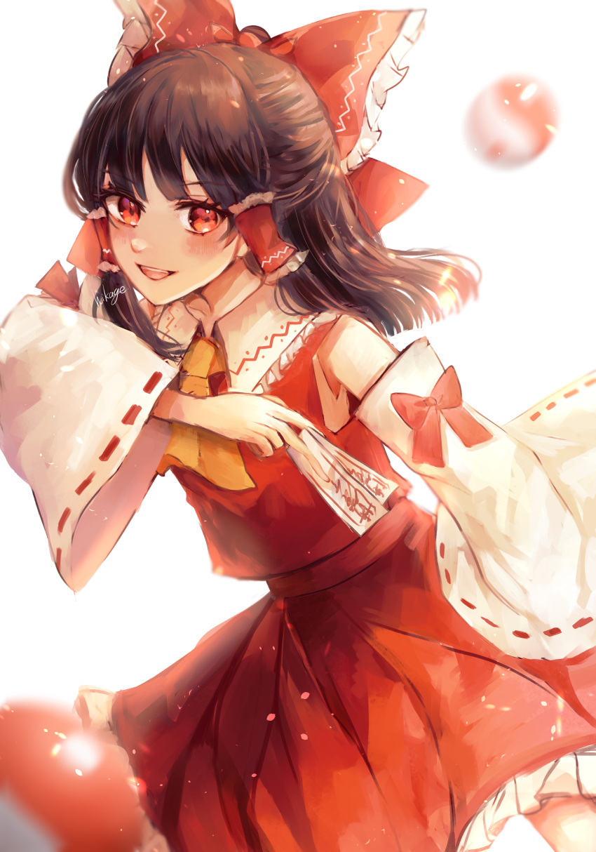 1girl absurdres artist_name ascot bare_shoulders black_hair blush bow detached_sleeves frilled_skirt frills hair_bow hair_tubes hakurei_reimu highres hikage_(0hi_kageo) holding japanese_clothes long_hair nontraditional_miko ofuda open_mouth red_bow red_eyes red_skirt ribbon-trimmed_sleeves ribbon_trim sidelocks signature simple_background skirt smile solo touhou white_background white_sleeves wide_sleeves yellow_ascot