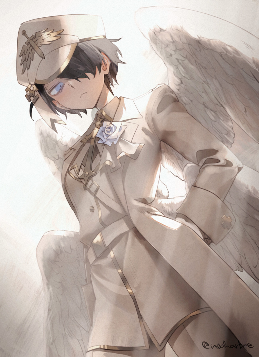 1girl absurdres angel_wings archangel_(helltaker) black_hair blue_eyes closed_mouth commentary_request gloves hair_over_one_eye hand_on_own_hip hat helltaker highres long_sleeves looking_at_viewer noah_(tettsui-sole) short_hair solo twitter_username uniform white_gloves white_headwear white_uniform white_wings wings