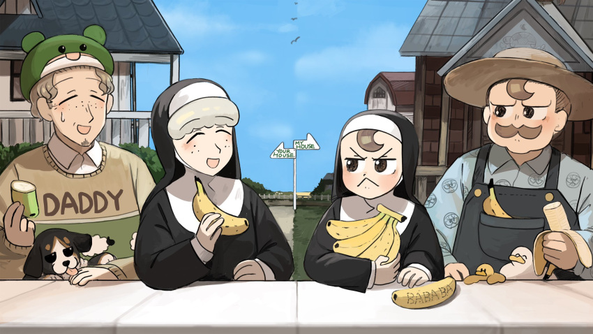 2boys 2girls :&lt; banana bird brown_hair catholic chicken clothes_writing diva_(hyxpk) dog duck duckling english_commentary facial_hair father_and_daughter food froggy_nun's_father_(diva) froggy_nun_(diva) fruit grey_hair habit hat highres house little_nuns_(diva) multiple_boys multiple_girls mustache nun outdoors sheep_nun's_father_(diva) sheep_nun_(diva) smile traditional_nun