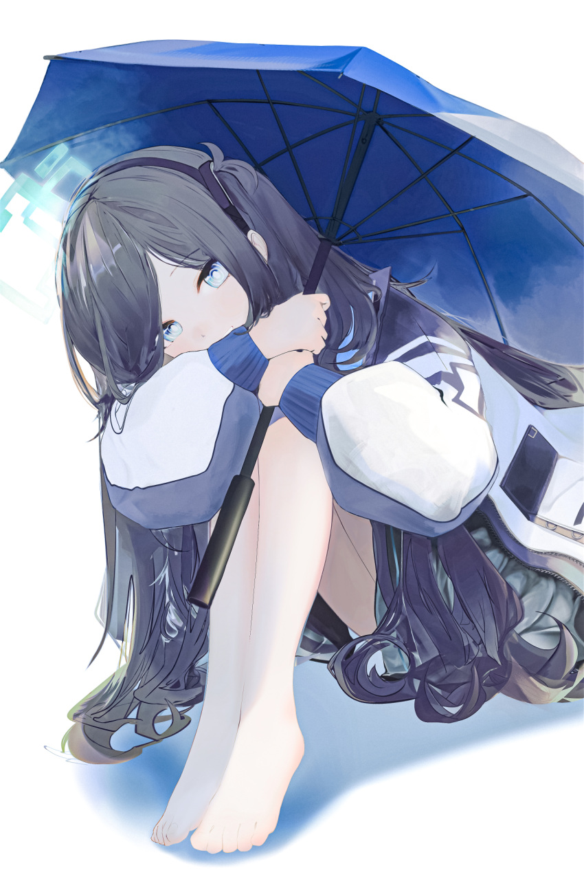 1girl aris_(blue_archive) bare_legs barefoot blue_archive blue_eyes blue_umbrella bright_pupils hair_tie highres holding holding_umbrella jacket knees_up long_hair multicolored_clothes multicolored_jacket ponytail ringed_eyes runamonet shadow side_ponytail simple_background sitting solo umbrella white_background white_pupils