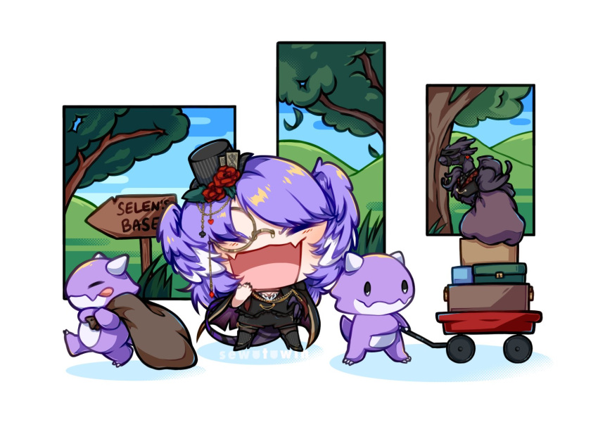 1girl artist_name bag chibi closed_eyes cm_(sewotowin) commentary dragoon_(selen_tatsuki) ember_(selen_tatsuki) english_commentary fangs grass hat head_wings highres laughing mini_hat monocle nijisanji nijisanji_en open_mouth purple_hair selen_tatsuki selen_tatsuki_(4th_costume) sign skin_fangs suitcase tongue tree watermark wings