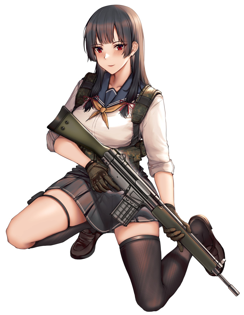1girl battle_rifle black_skirt black_thighhighs breasts brown_hair camouflage chest_rig gloves green_gloves gun h&amp;k_g3 highres kitsune_udon_(ai_br) looking_at_viewer original red_eyes rifle school_uniform serafuku shirt skirt smile solo squatting thigh-highs thighs weapon white_shirt woodland_camouflage